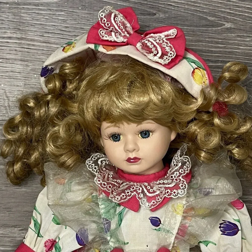 Brass Key Porcelain Doll Tulip Dress Pinafore Bonnet Pantaloons Blonde Curls 16”